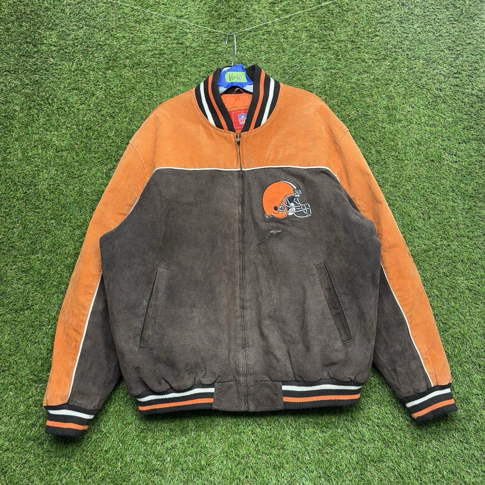 Cleveland Browns Leather Jacket Mens XL Orange Brown Logo NFL Zip Up Embroidered